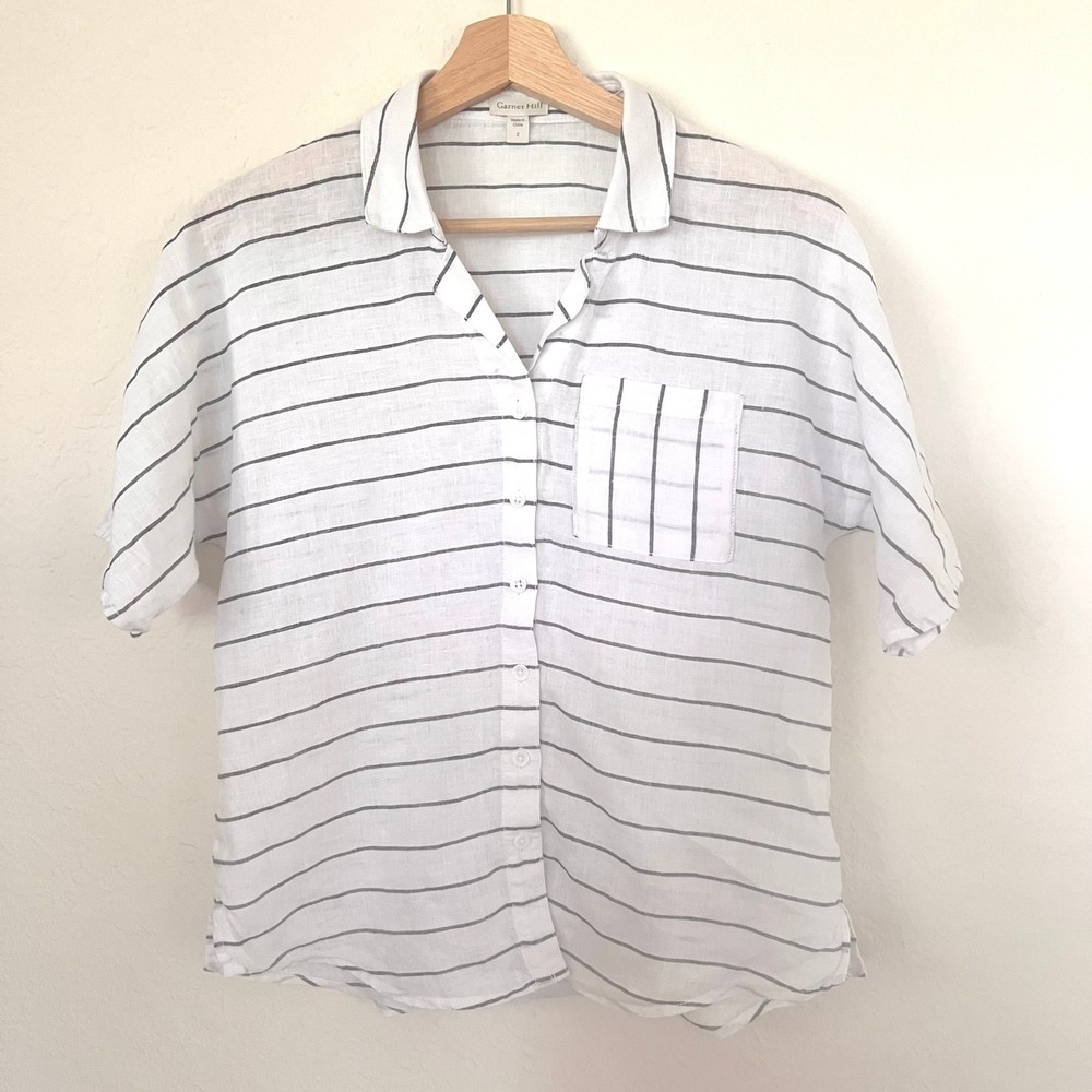 Garnet Hill Linen Womens White Black Striped Short Sleeve Button Down Shirt Sz 2